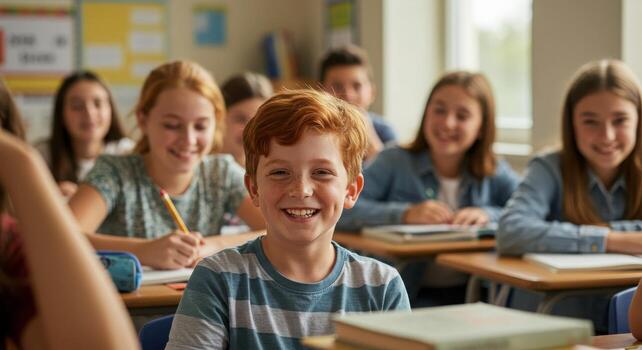 Bright diverse students smiling during class in sunlit classroom, perfect for back to school campaigns and education promotions, showing happy learning photo