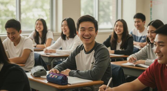Cheerful students learning together in a bright classroom environment, fostering a positive and collaborative academic atmosphere for elementary education photo