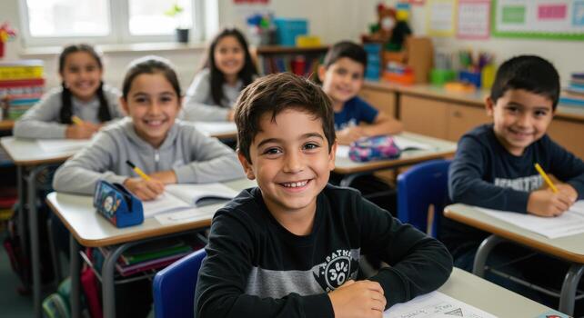 Happy students smiling in bright classroom ready to learn, creating a positive and inclusive learning environment for educational success and future growth photo