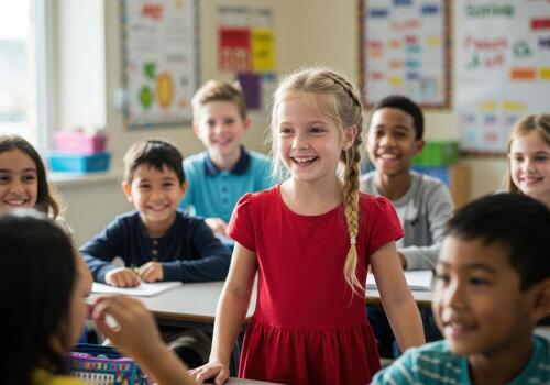 Joyful multiethnic elementary students smiling during class in bright learning classroom environment engaging in collaborative education for academic success photo