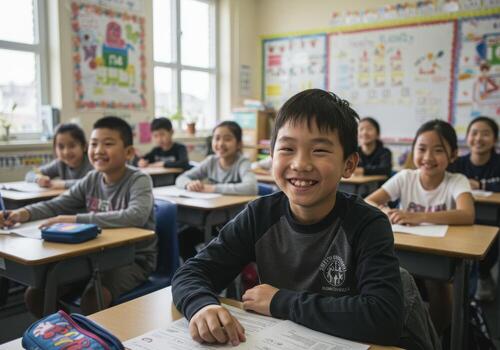 un joven chico sonrisas mientras sentado a su escritorio en un salón de clases foto