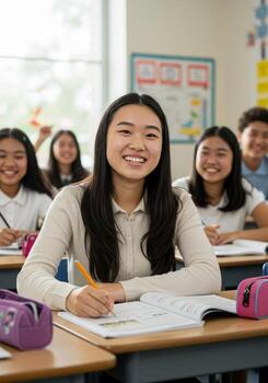 Smiling student writing in notebook during class, surrounded by classmates, showcasing engaged learning and a positive, collaborative educational environment photo