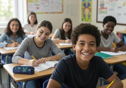Diverse students learn together in a bright classroom, smiling and engaged in their studies, fostering a positive and inclusive learning environment photo
