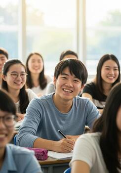 Excited elementary students smiling and laughing in a bright classroom, perfect for education, school, and childhood concepts photo