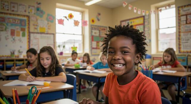 Joyful students learning together in bright classroom, smiling children create welcoming atmosphere for educational content and back to school promotions photo