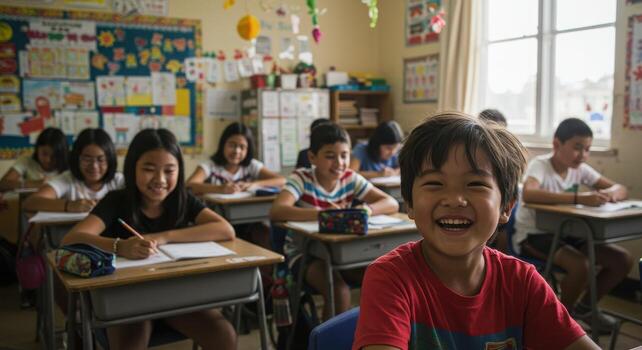 Joyful students learning together in a bright classroom, raising their hands and smiling during class time, a positive and engaging educational scene photo