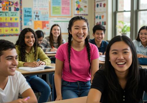 Smiling diverse students in a bright classroom with hands raised eagerly to answer questions during a lesson, education concept photo