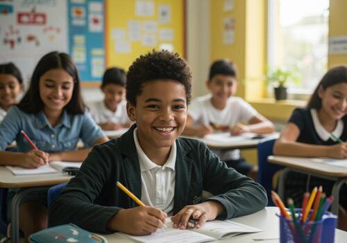 Smiling elementary school students enjoying a bright classroom environment, ready to learn and engage with education photo