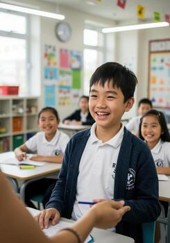Smiling students studying and learning in a bright classroom, representing education, knowledge, and teamwork with focus on diversity photo