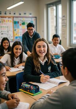 Smiling diverse students ready for learning at desks in classroom, representing education, happiness, and childhood. photo
