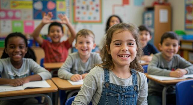 Happy elementary students smiling and raising hands in a bright, colorful classroom, ready to learn and engage photo