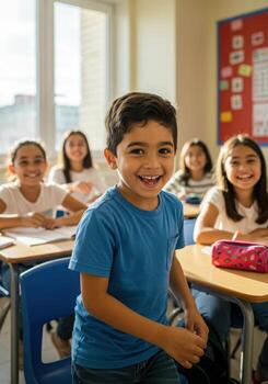 Smiling students and teacher in a bright classroom environment, representing education, happiness, and positive learning experiences photo