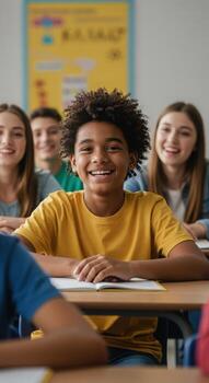 Joyful elementary students smiling brightly in a sunny classroom, ready for learning and education with their teacher photo