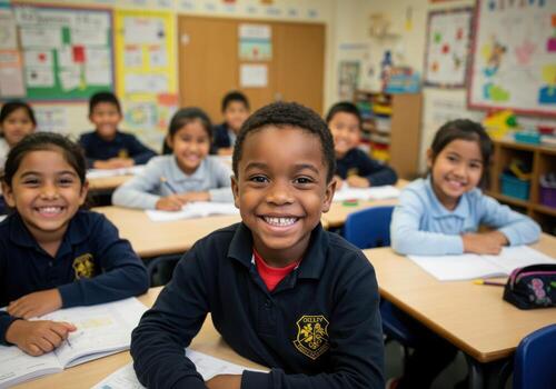 Smiling schoolboy enjoying learning in a bright classroom with classmates, representing education and childhood joy photo