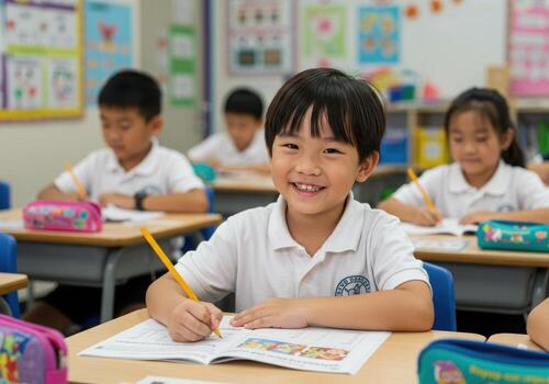 Smiling young student writing in notebook at desk in bright classroom with classmates, happy learning environment photo