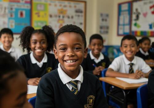 Smiling students in a bright classroom during a lesson, showing joy and engagement in learning, education concept photo