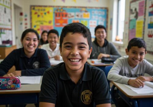 Smiling students focused on their schoolwork in a bright classroom, representing education, learning, and the joy of knowledge for educational content needs photo