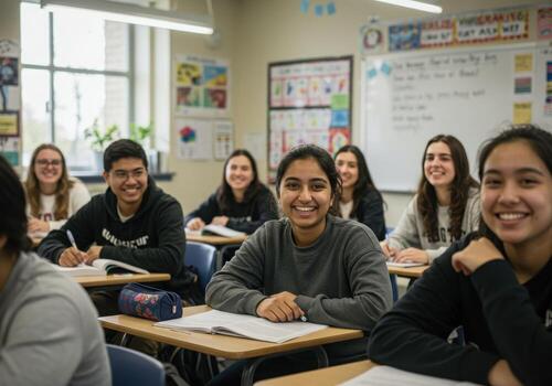 Joyful elementary school students smiling brightly in classroom ready for learning and education photo