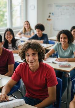 Smiling students in a bright classroom setting, ready to learn and collaborate, perfect for education and community projects photo