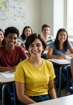 Smiling students in a bright classroom, ready to learn and collaborate, embracing education and academic success, focused and happy photo