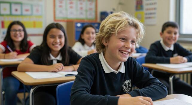 Joyful diverse students engaged in learning, smiling brightly in a modern classroom setting, capturing educational success and happy childhood moments. photo