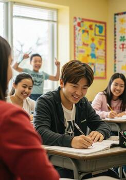 Happy students collaborating and studying together in a bright classroom environment, perfect for education and learning concepts photo