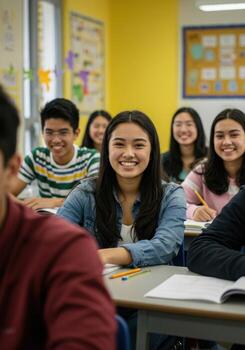 Smiling students engaged in learning inside a bright, modern classroom setting with diverse ethnicities and friendly atmosphere photo