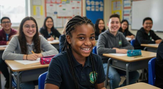Joyful diverse students learning and smiling in a bright modern classroom creating an inspiring educational environment photo