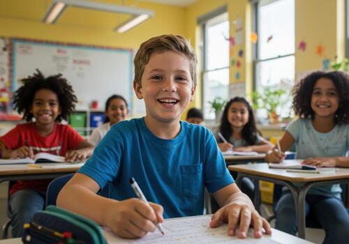 Joyful young student beams with excitement while learning and writing in a bright, modern elementary classroom filled with diverse classmates. photo