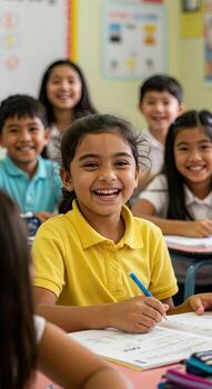 Joyful elementary students learning and smiling brightly in a vibrant, modern classroom filled with educational materials and positive energy photo