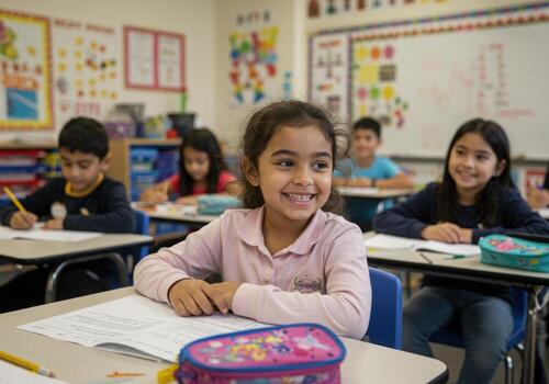 Joyful young students engaged in learning activities within a bright, cheerful elementary classroom setting, fostering education and growth photo