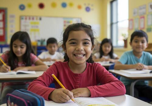 Joyful young student beams with excitement while actively learning and writing at her desk in a vibrant, sunny classroom setting photo