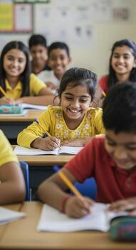 Smiling students enthusiastically writing in notebooks during a bright, cheerful classroom lesson, capturing joyful learning photo