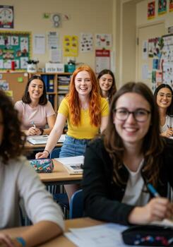 Joyful students engaged in lively classroom discussion, vibrant learning environment fostering collaboration and bright futures photo