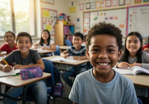 Joyful young student beams with happiness in a bright, modern classroom surrounded by classmates engaged in learning photo