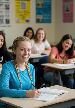 Engaged student with braided hair smiles brightly while studying in a modern classroom with classmates learning photo