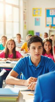 Engaged students learning actively in a bright, modern classroom, fostering curiosity and academic growth photo