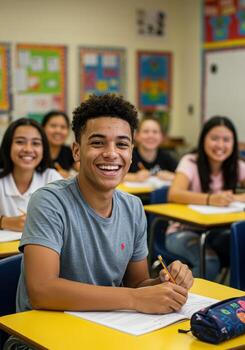 Joyful diverse students learning and smiling in a bright, modern classroom environment, embracing education and future success photo