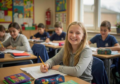 Joyful young student smiles brightly while diligently writing in a modern classroom, capturing the excitement of learning and academic achievement. photo