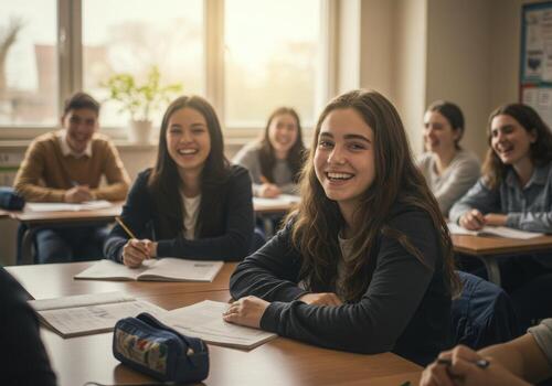 Joyful students laughing during class, capturing vibrant youthful energy and positive learning environment with bright natural light photo