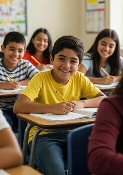 Joyful diverse students actively learning and smiling in a bright, modern classroom environment, engaged in schoolwork with pencils. photo