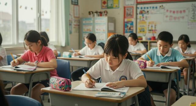 Young Asian students diligently focused on learning and writing in a bright, modern classroom setting, embracing education photo