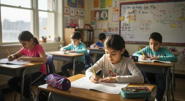 Young students diligently focused on learning and writing at their desks in a bright, sunlit classroom environment. photo