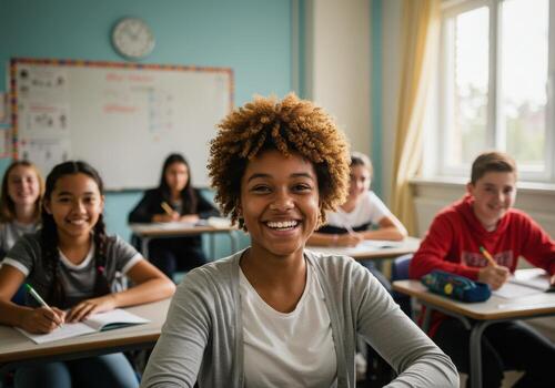 Joyful diverse students smiling confidently in bright modern classroom, embracing learning and academic success photo