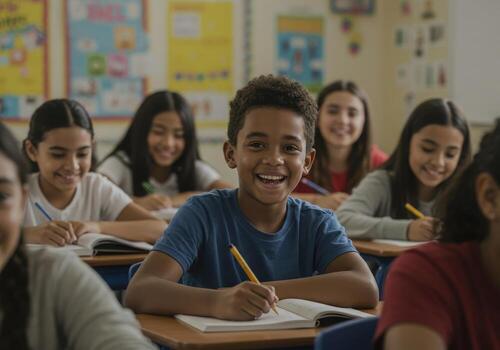 Joyful young student with bright smile actively learning and writing in a vibrant, diverse classroom setting photo