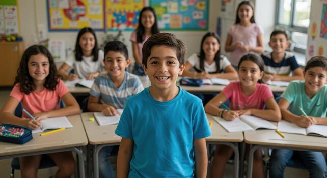 Joyful diverse students engaged in learning, smiling brightly in a vibrant, modern classroom environment photo