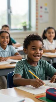 Joyful young student with bright smile actively learning and writing in a sunlit modern classroom, embracing education. photo