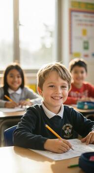 Joyful young student beams with pride while diligently working on schoolwork in a bright, sunlit classroom setting photo
