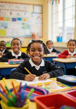 Joyful young student eagerly learning and writing at her desk in a bright, modern classroom full of potential photo