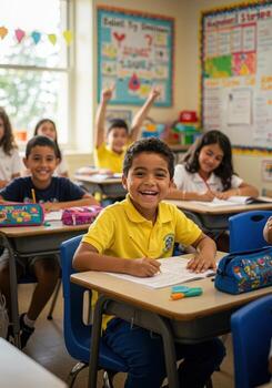Joyful elementary student enthusiastically answers question in bright, modern classroom, inspiring learning and engagement photo